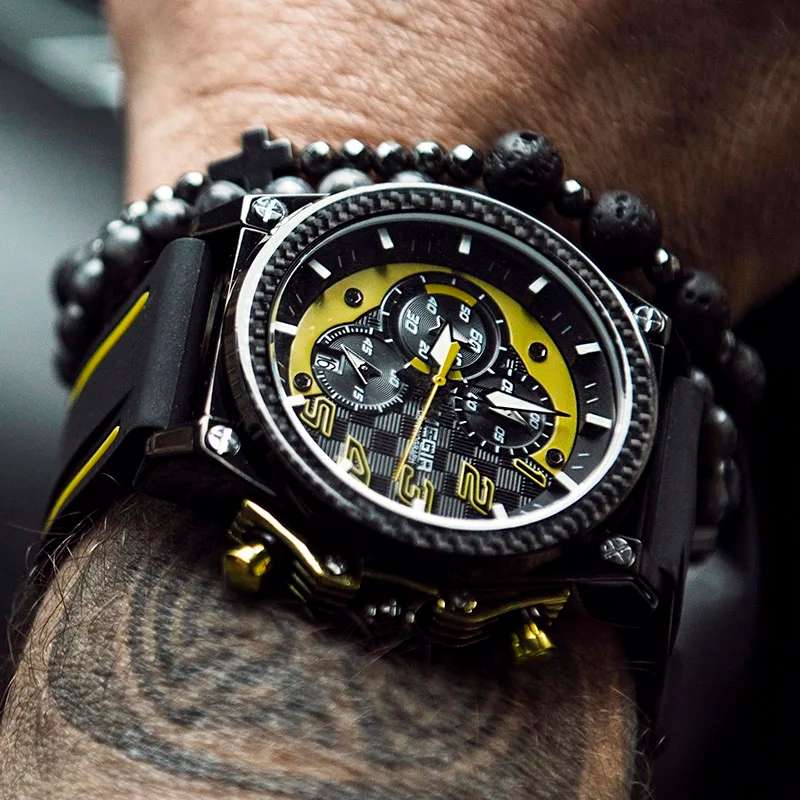 Retail: R1,699.00 MEGIR Men`s Racer Chronograph Date 45mm Black / Gold / Yellow Watch BRAND NEW