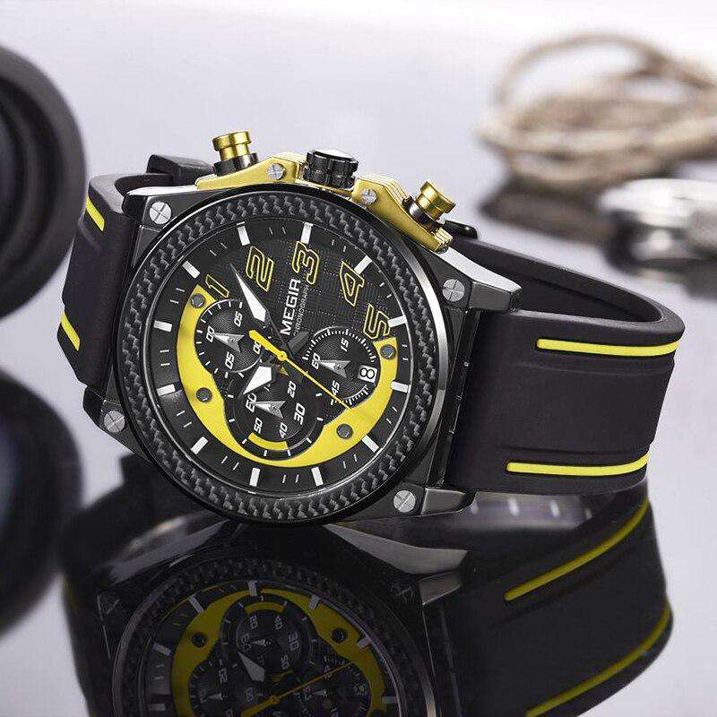 Retail: R1,699.00 MEGIR Men`s Racer Chronograph Date 45mm Black / Gold / Yellow Watch BRAND NEW