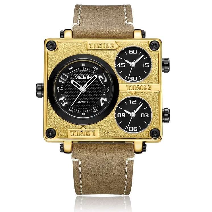 Retail: R1,699.00 MEGIR Mens Pilot Big Tick Triple Time Zone 48mm Gold / Brown Leather Watch NEW