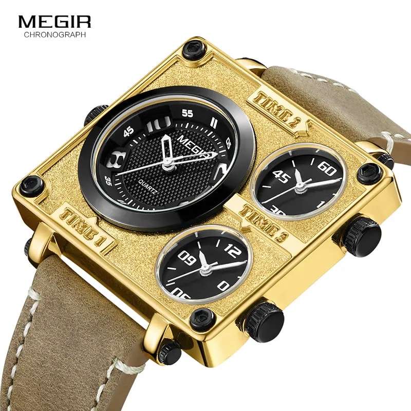Retail: R1,699.00 MEGIR Mens Pilot Big Tick Triple Time Zone 48mm Gold / Brown Leather Watch NEW