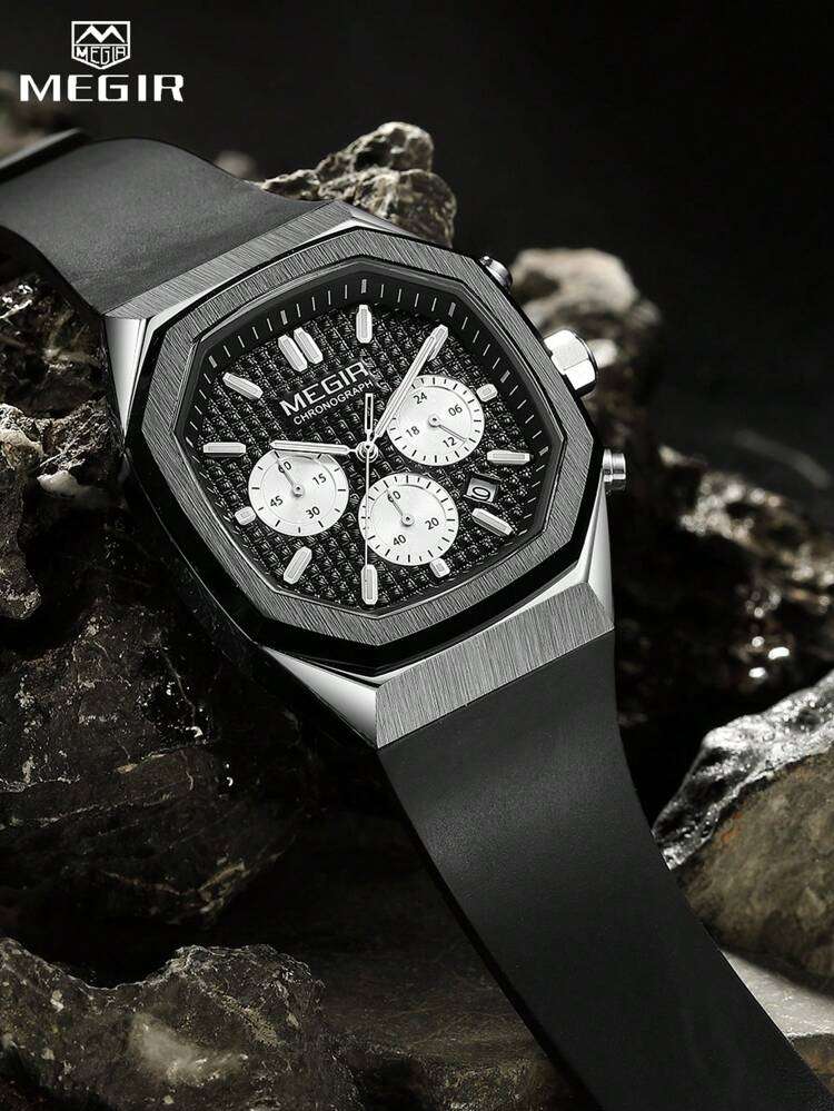 Retail: R1,499.00 MEGIR Mens OAKI Chronograph Silver / Black Watch BRAND NEW