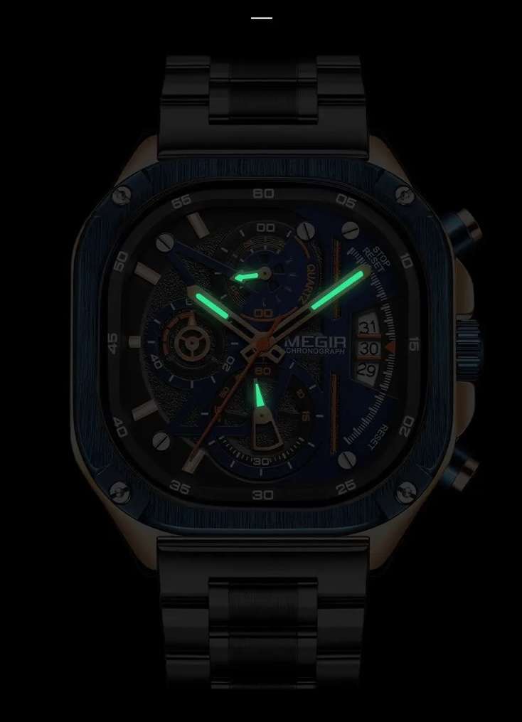 Retail: R1,799.00 MEGIR Mens SQUARE-X Chronograph Black / green Watch BRAND NEW