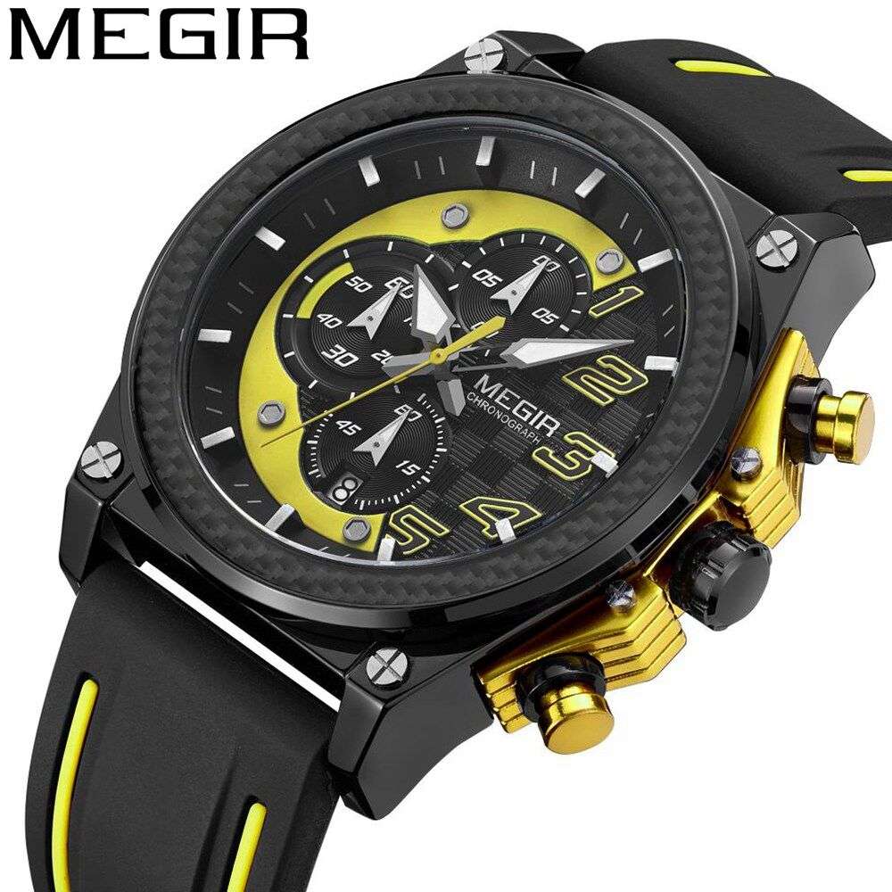 Retail: R1,699.00 MEGIR Men`s Racer Chronograph Date 45mm Black / Gold / Yellow Watch BRAND NEW