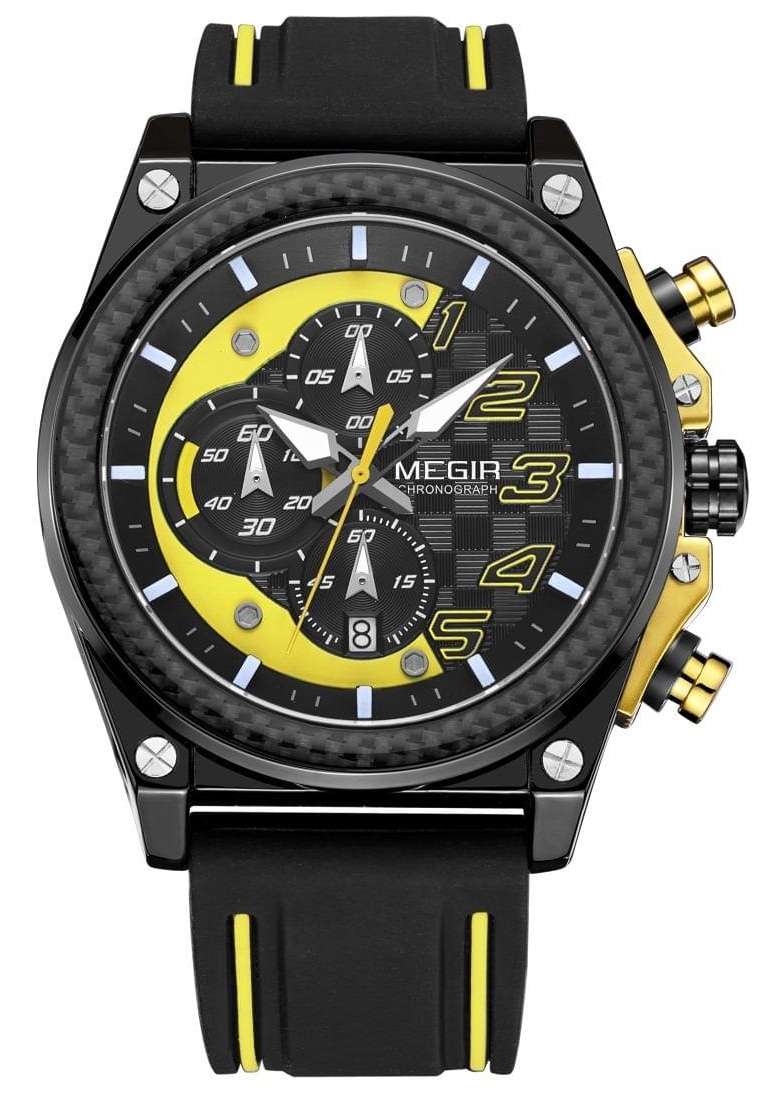 Retail: R1,699.00 MEGIR Men`s Racer Chronograph Date 45mm Black / Gold / Yellow Watch BRAND NEW