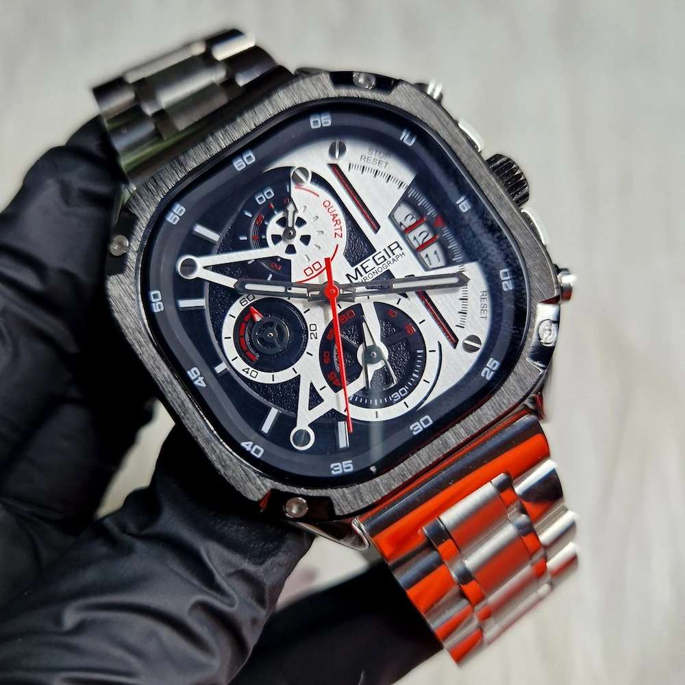 Retail: R1,599.00 MEGIR Mens SQUARE-X Chronograph silver / black Watch BRAND NEW