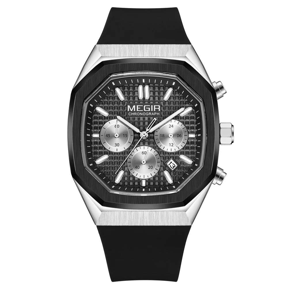 Retail: R1,499.00 MEGIR Mens OAKI Chronograph Silver / Black Watch BRAND NEW