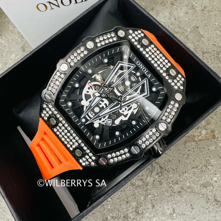 Onola Sir V Iced Bling Quartz Watch - Black/Orange
