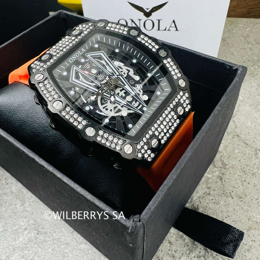 Onola Sir V Iced Bling Quartz Watch - Black/Orange
