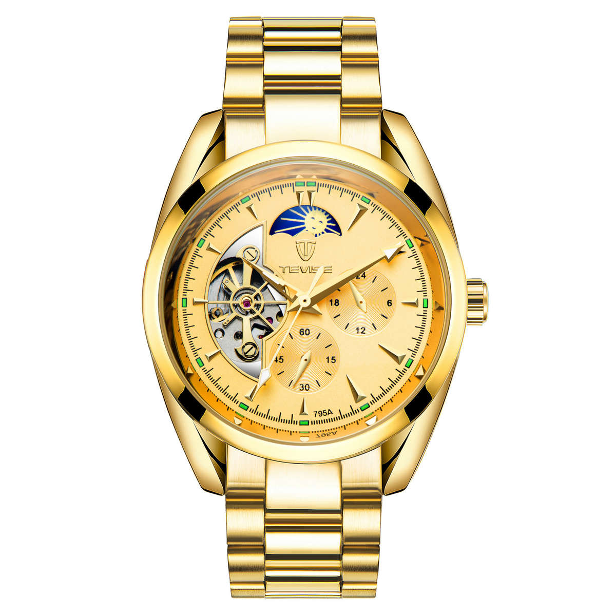 LOOK!! TEVISE Mens Classic Automatic Partial Skeleton Gold Plated Watch brand new