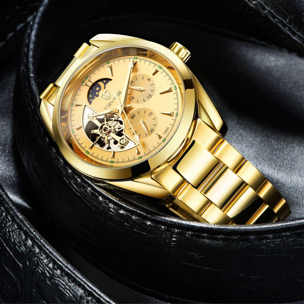 LOOK!! TEVISE Mens Classic Automatic Partial Skeleton Gold Plated Watch brand new
