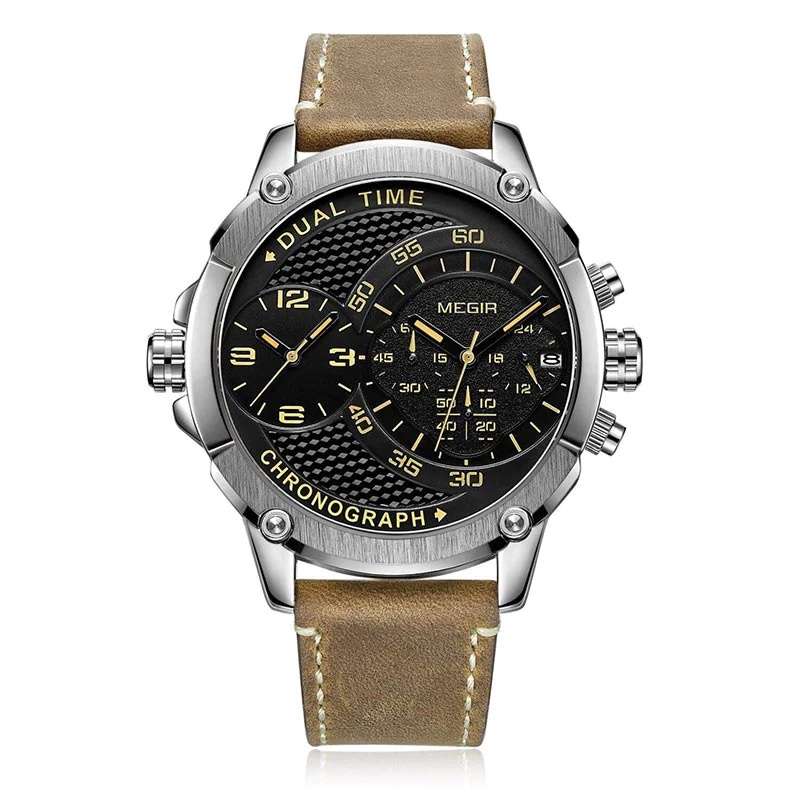 Retail: R1,699.00 MEGIR Mens Gigantaur Chronograph Dual Time 48mm Silver / Brown Leather Watch