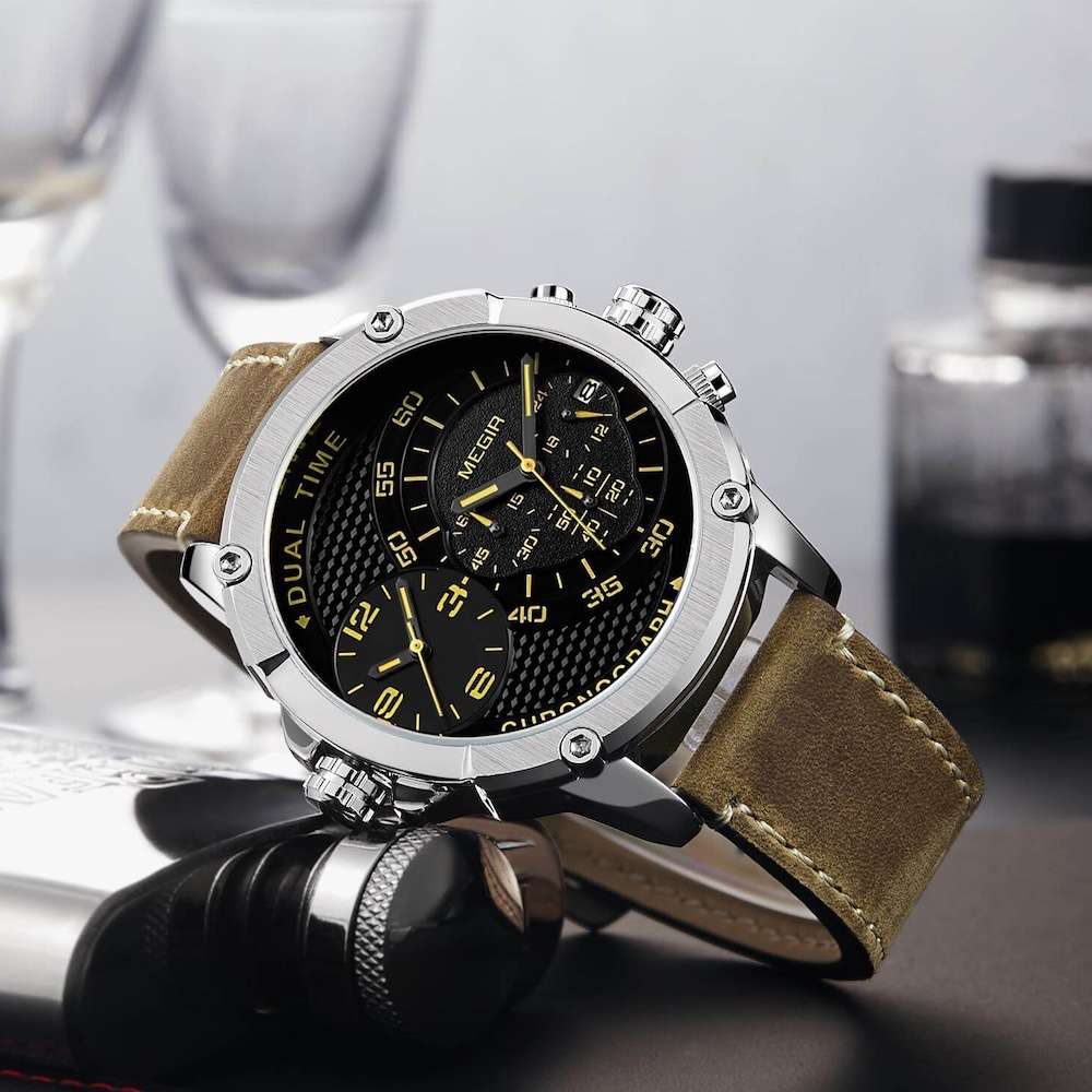 Retail: R1,699.00 MEGIR Mens Gigantaur Chronograph Dual Time 48mm Silver / Brown Leather Watch
