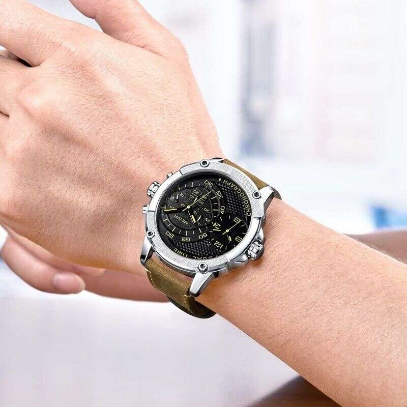 Retail: R1,699.00 MEGIR Mens Gigantaur Chronograph Dual Time 48mm Silver / Brown Leather Watch