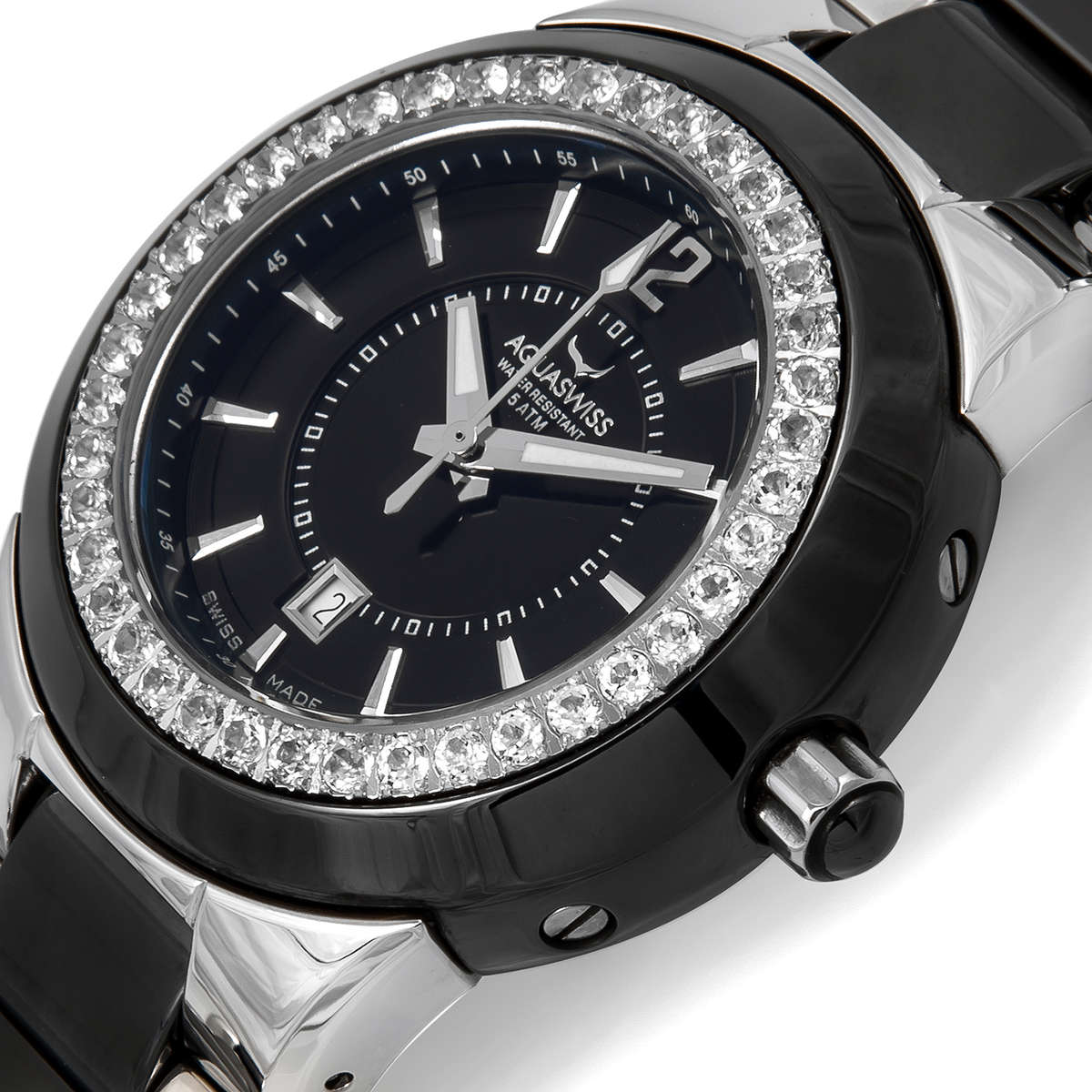 Retail: $1495 /R18,000.00 Aquaswiss Women Sea Star 2.25ct Topaz Watch with Ceramic Steel Band