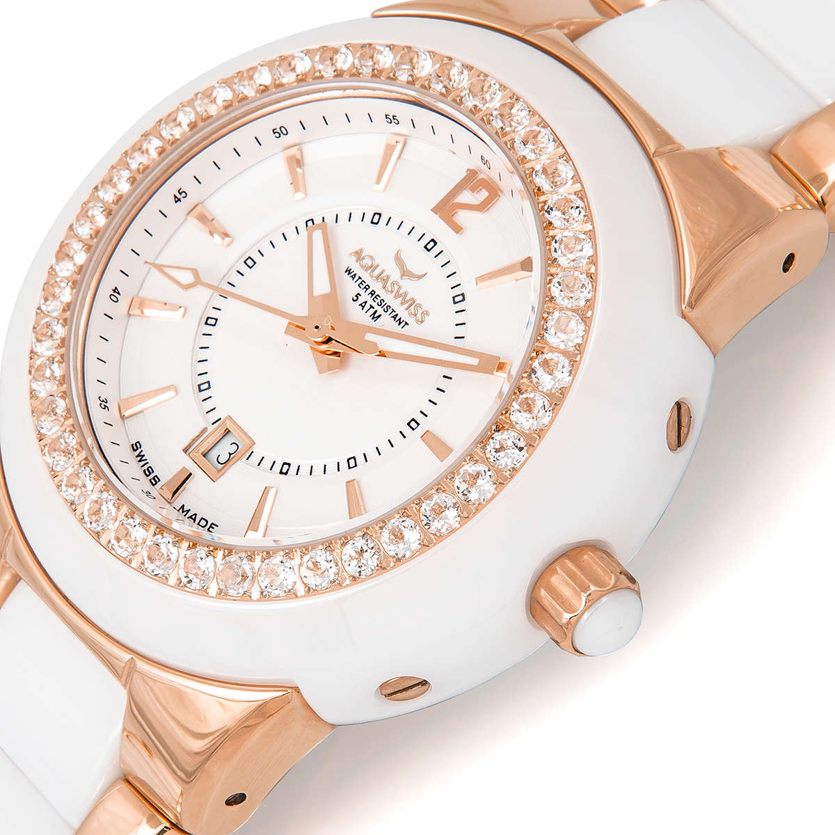 Retail: $1495 /R18,000.00 Aquaswiss Women Sea Star 2.25ct Topaz Watch with Ceramic Steel Band