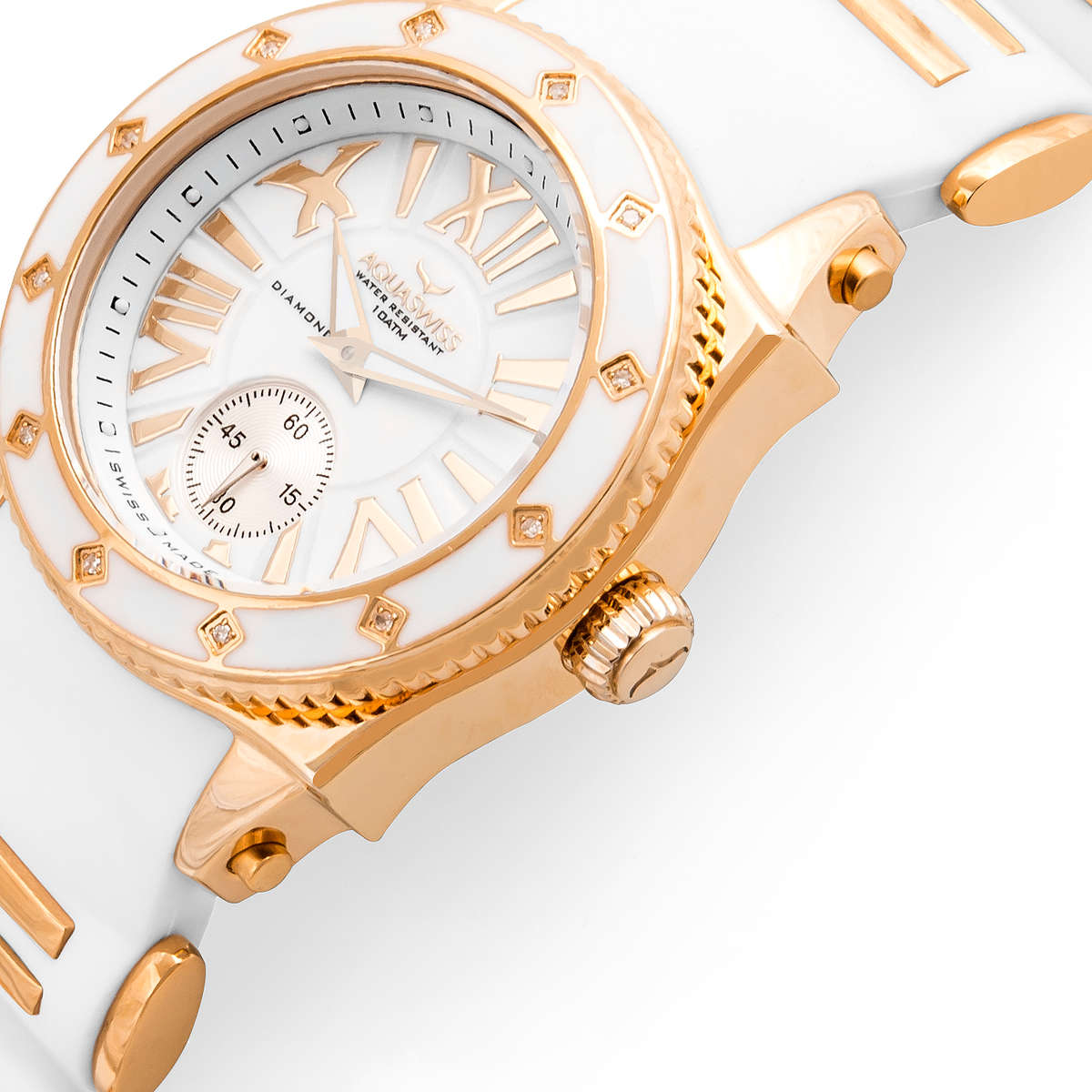 RRP: R18,000.00 Aquaswiss Women's Swissport with 12 Diamonds Watch Rose Gold/White Silicone OFFICIAL