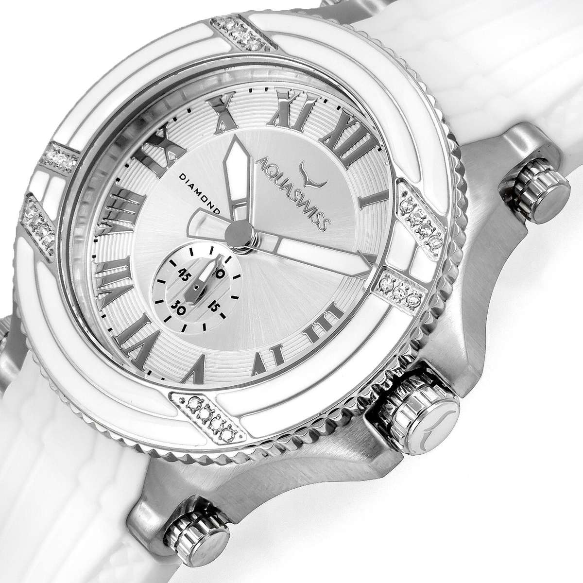Retail: $1495 /R18,000.00 Aquaswiss Women Bolt L with 22 Diamonds Snow White Silicone Band