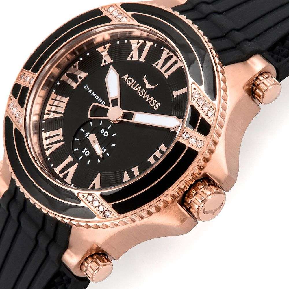 Retail: $1495 /R18,000.00 Aquaswiss Women Bolt 22 Diamonds 18K Rose Gold Plating Silicone Watch