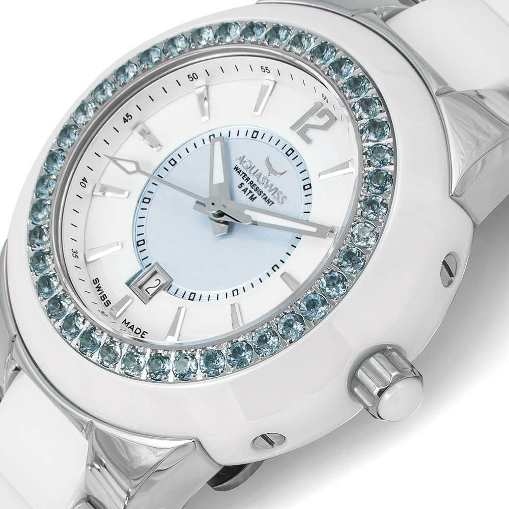 Retail: $1495 /R18,000.00 Aquaswiss Women Sea Star 2.25ct Topaz Watch with Ceramic Steel Band