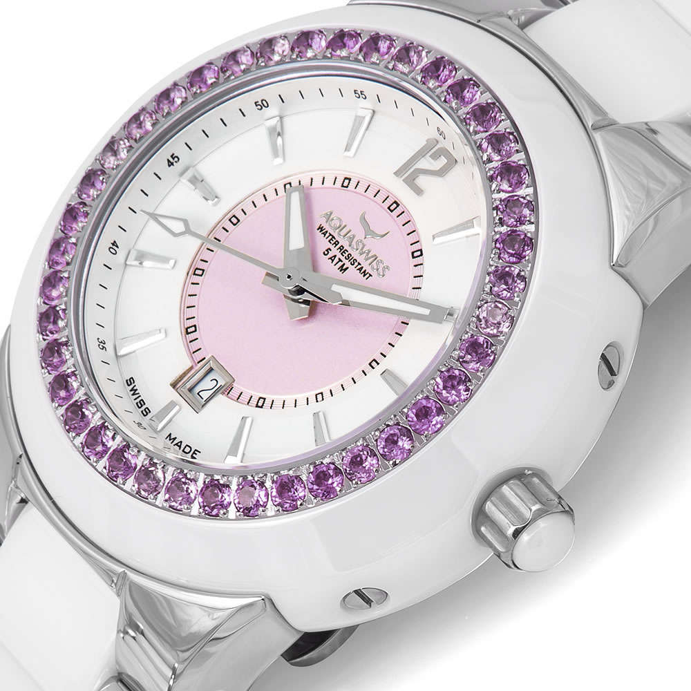 Retail: $1495 /R18,000.00 Aquaswiss Women Sea Star 2.25ct Topaz Watch with Ceramic Steel Band