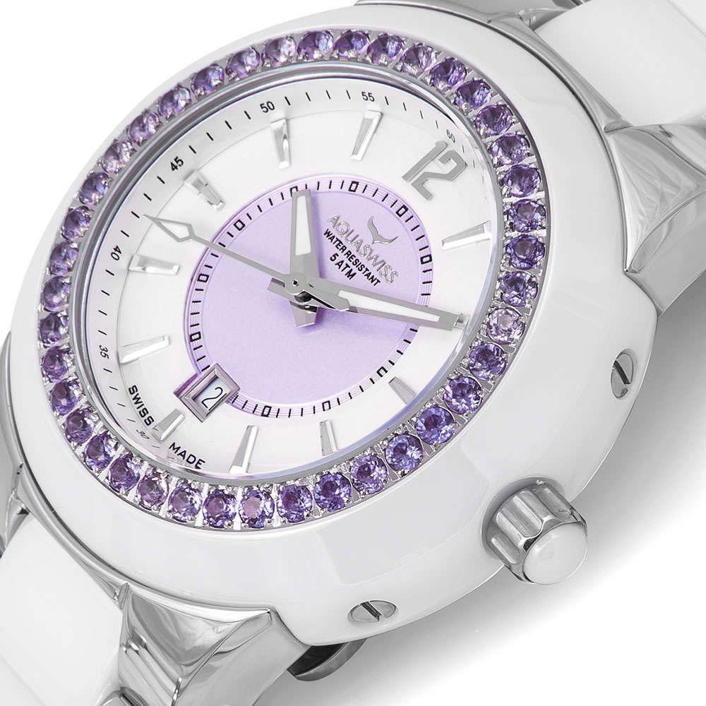 Retail: $1495 /R18,000.00 Aquaswiss Women Sea Star 2.25ct Topaz Watch with Ceramic Steel Band