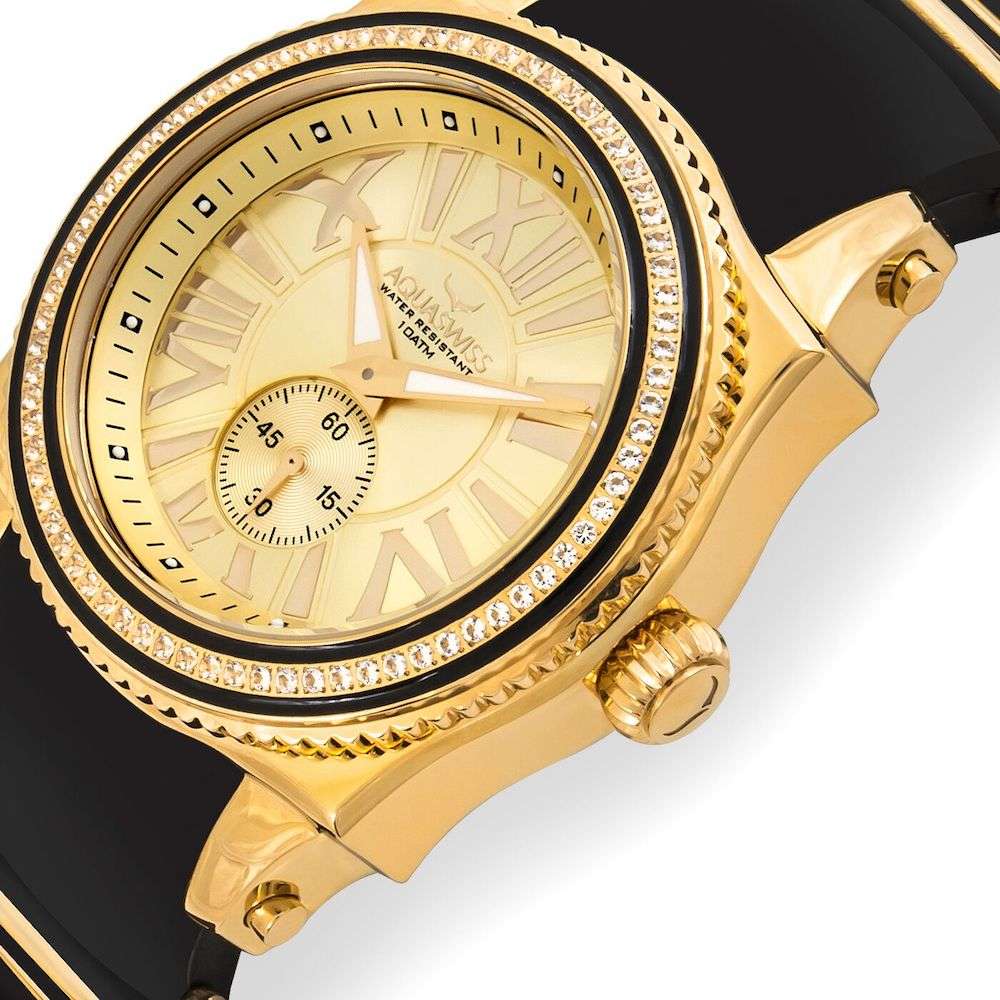 RRP: $1000 /R12,000.00 Aquaswiss Men's Swissport Watch 18k Gold Plated with Black Silicone Band
