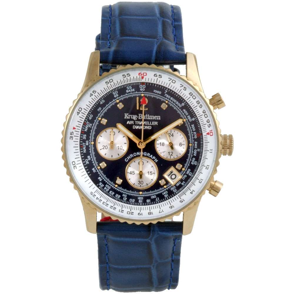 Retail: £775/ R12,975.00 Krug-Baumen Mens Air Traveller Diamond 40mm Blue Leather Chornograph Watch