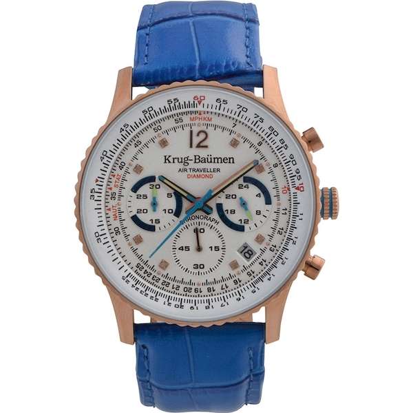 Retail: £775/ R12,975.00 Krug-Baumen Mens Air Traveller Diamond 40mm Blue Leather Chornograph Watch