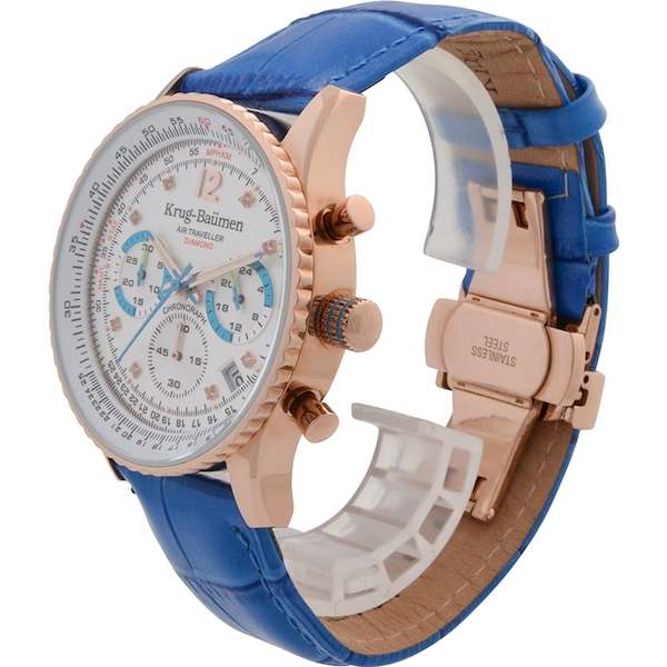 Retail: £775/ R12,975.00 Krug-Baumen Mens Air Traveller Diamond 40mm Blue Leather Chornograph Watch