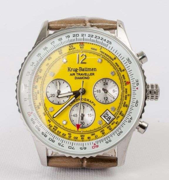 Retail: £775/ R12,975.00 Krug-Baumen Mens Air Traveller Diamond 40mm Brown Leather Chornograph Watch