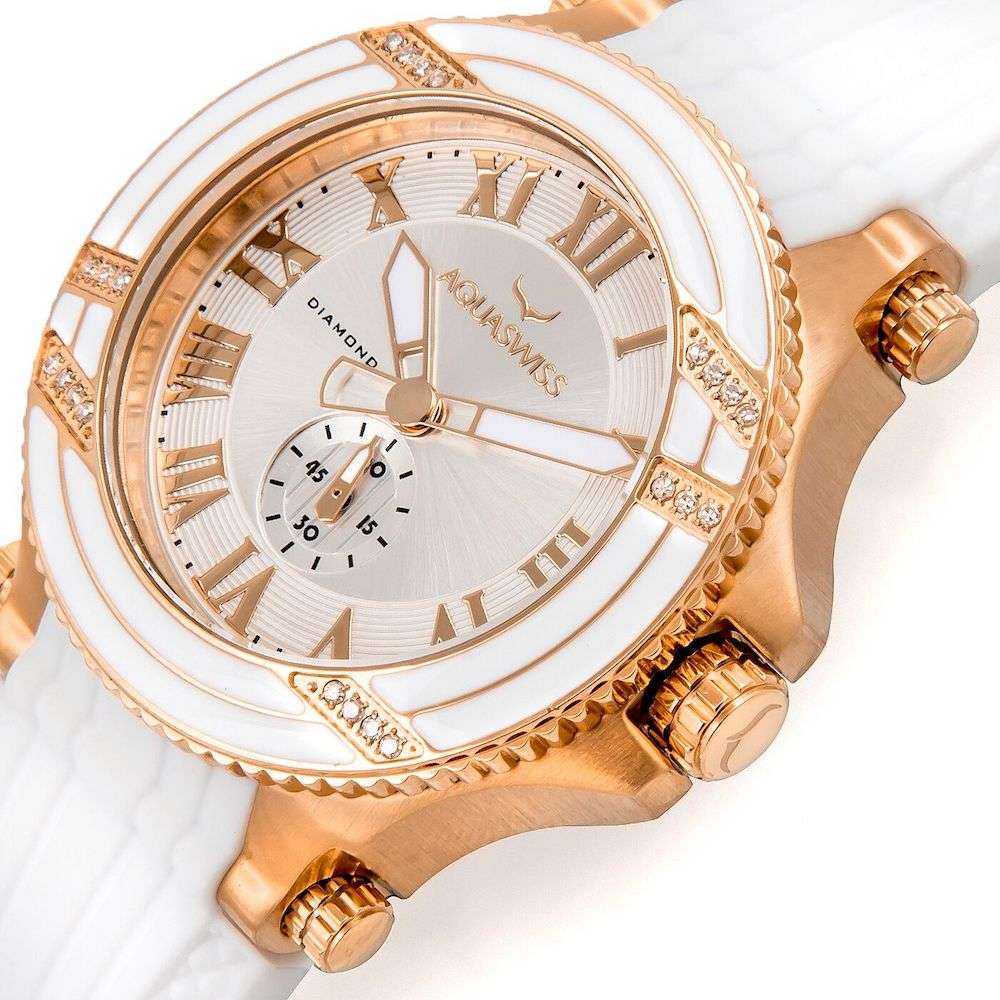 Retail: $1495 /R18,000.00 Aquaswiss Women Bolt L with 22 Diamonds 18K Gold Plating Silicone Band