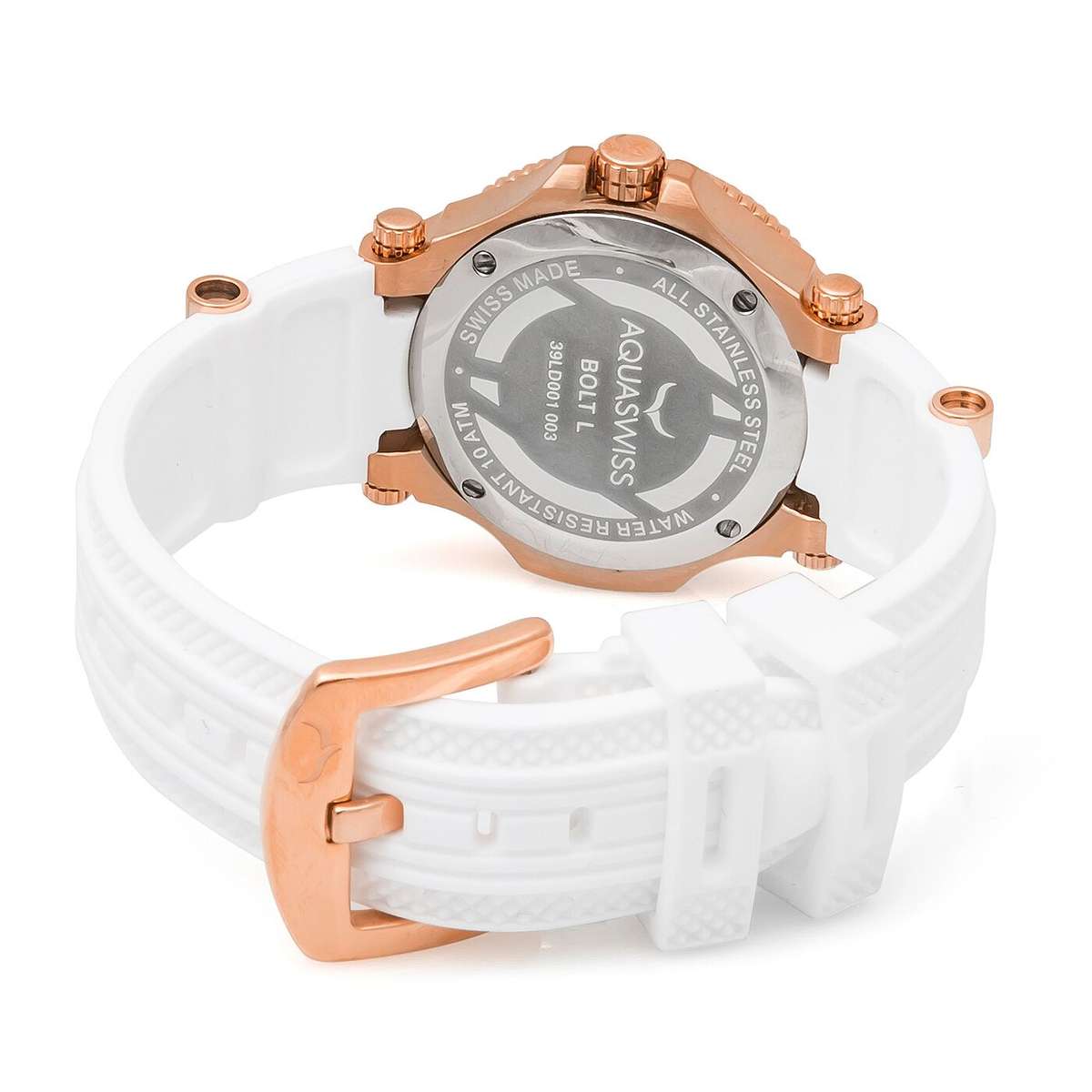 Retail: $1495 /R18,000.00 Aquaswiss Women Bolt L with 22 Diamonds 18K Gold Plating Silicone Band