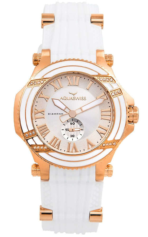Retail: $1495 /R18,000.00 Aquaswiss Women Bolt L with 22 Diamonds 18K Gold Plating Silicone Band