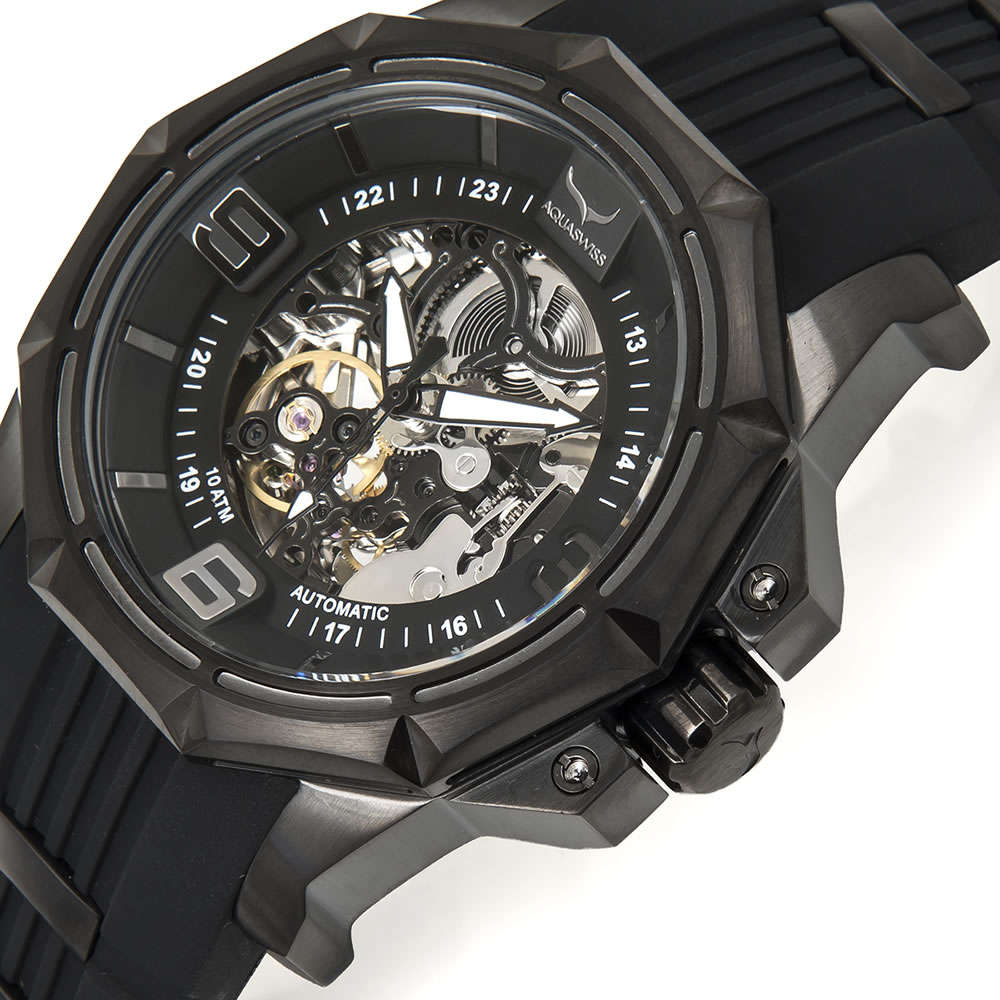 Retail: $1200 /R15,000.00 Aquaswiss Men's Vessel Automtic 45mm - 52mm Watch with Black Silicone Band