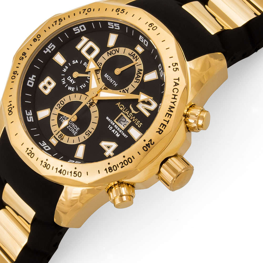 Retail: $1000 /R12,000.00 Aquaswiss Men's TRAX II with 18K Gold Plating and Black Silicone Band