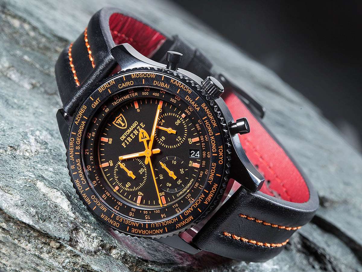 DETOMASO Men's Firenze World Time Limited Edition Black Orange Chronograph Watch BRAND NEW IN BOX