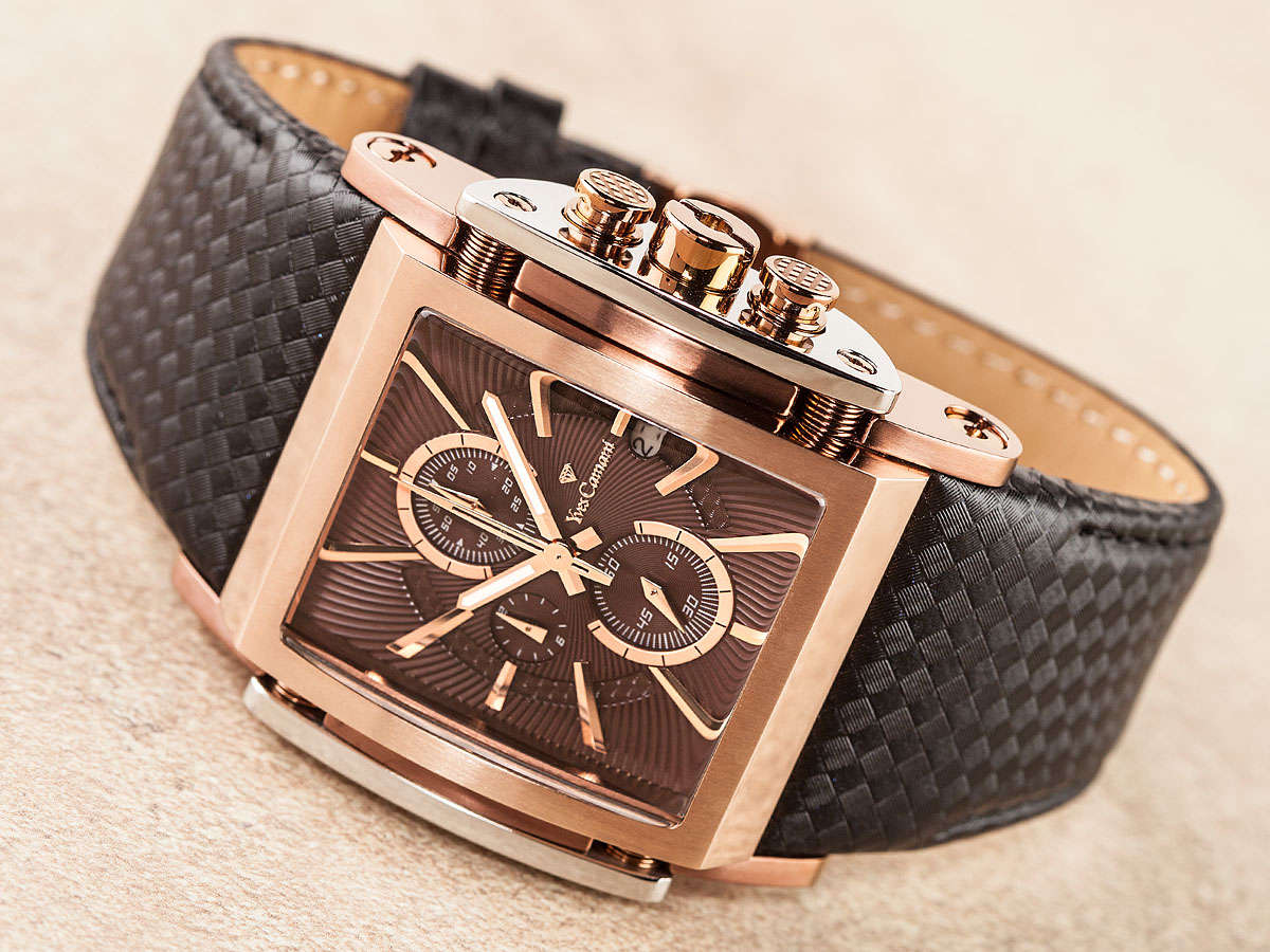 YVES CAMANI Men's Escaut Coffee/Rose Gold Chrono Watch Brand new + Gold Tin