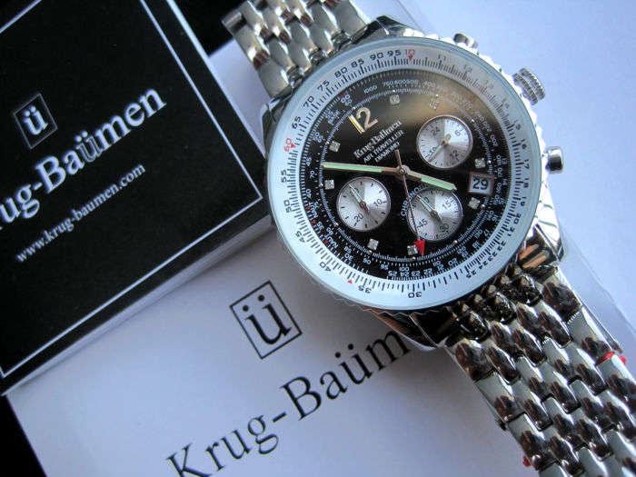 KRUG BAUMEN Men's Air Traveller Black Dial Diamond Chronograph Watch NEW W/ BOX, PAPERS