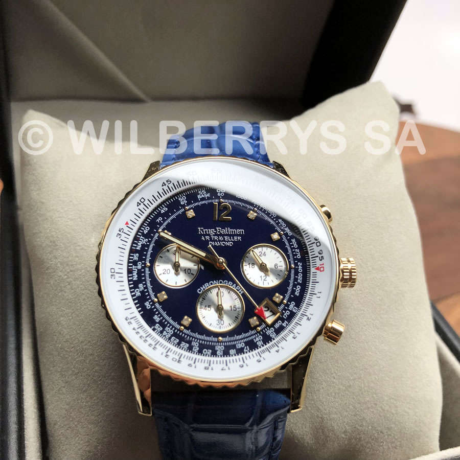 Retail: £775/ R12,975.00 Krug-Baumen Mens Air Traveller Diamond 40mm Blue Leather Chornograph Watch