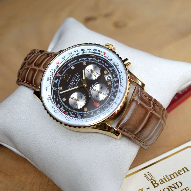 Retail: £775/ R12,975.00 Krug-Baumen Mens Air Traveller Diamond 40mm Choco Leather Chornograph Watch