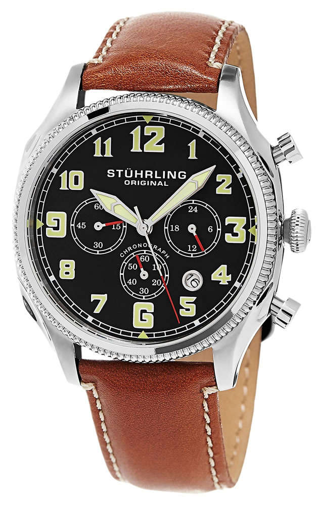 STUHRLING ORIGINAL Kamakaze Brown Leather Chroograph Aviation Watch BRAND NEW IN BOX