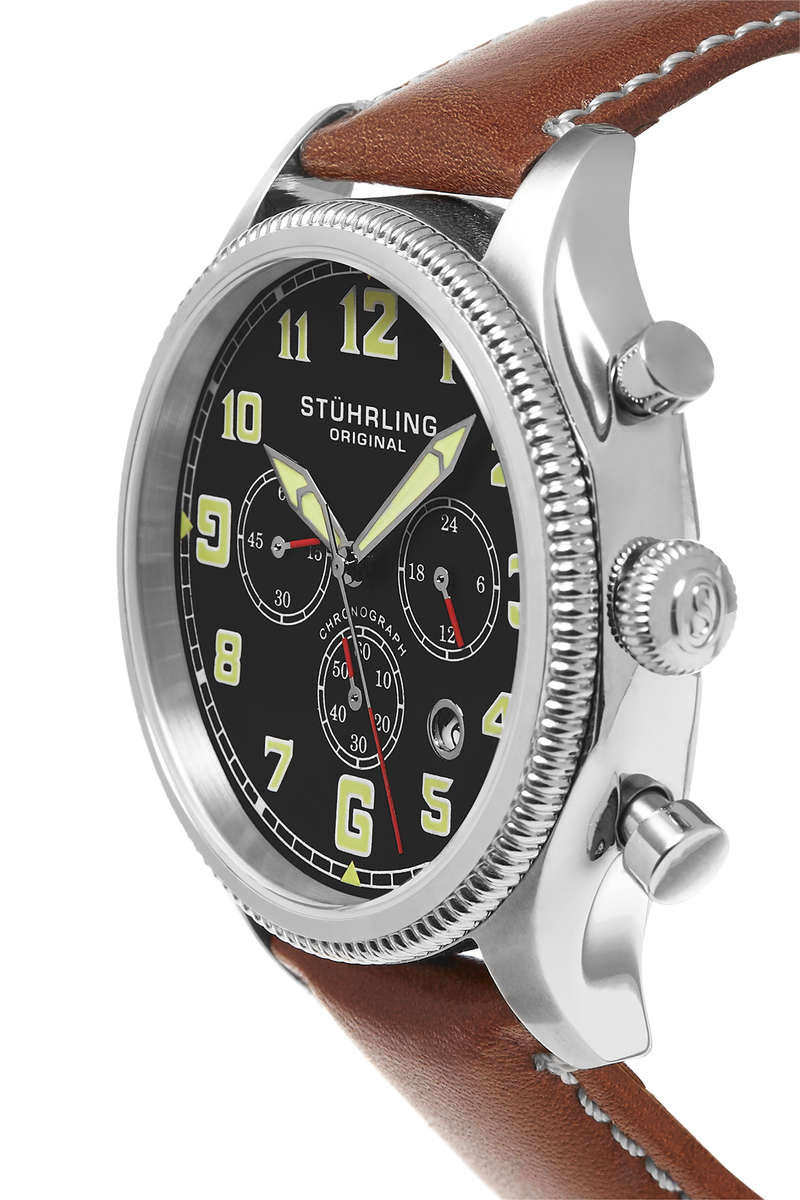 STUHRLING ORIGINAL Kamakaze Brown Leather Chroograph Aviation Watch BRAND NEW IN BOX