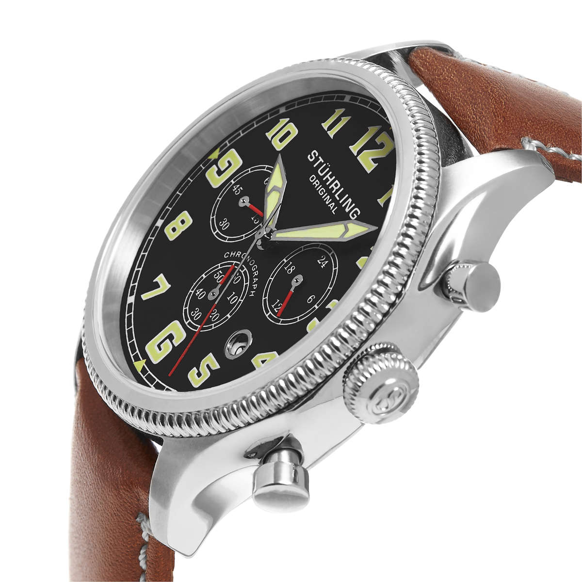 STUHRLING ORIGINAL Kamakaze Brown Leather Chroograph Aviation Watch BRAND NEW IN BOX