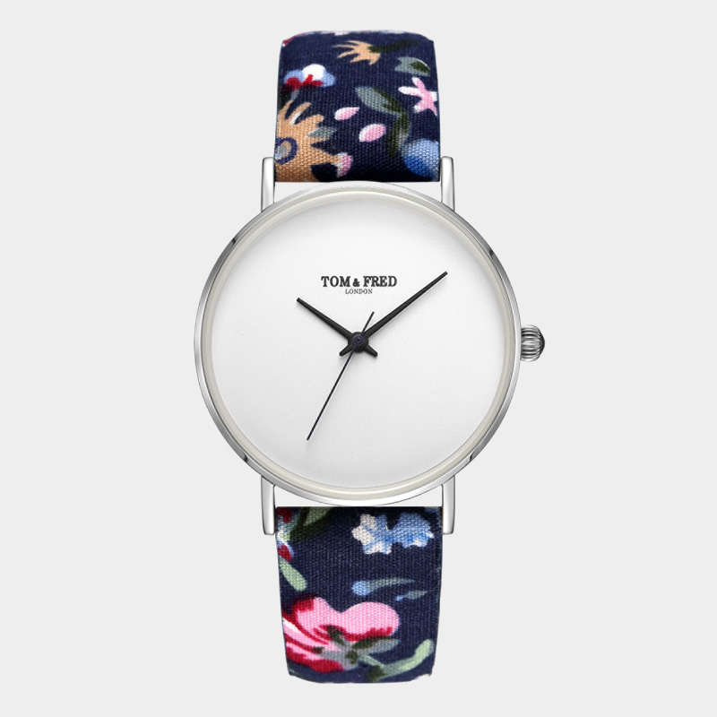 Retail: R2,999.00 TOM & FRED London Women's Swiss Slim Rummage Navy Blue Floral Leather Watch