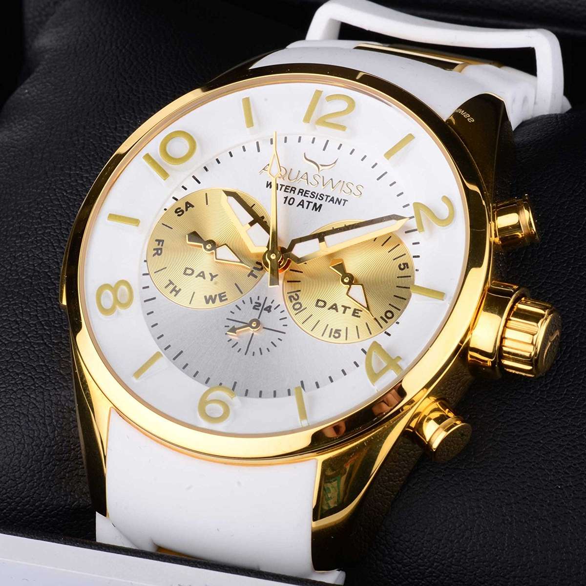 Retail: $1000 /R11,499.00 Aquaswiss Women's Trax 5H 18k Plated Chronograph Watch and Silicone Band