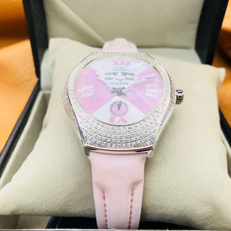 Retail: $1795 /R22,500.00 Aquaswiss Women Baby Ice with 66 Diamonds Pink Genuine Leather Band