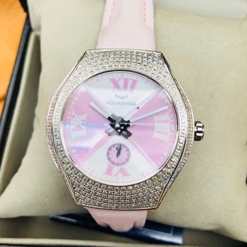 Retail: $1795 /R22,500.00 Aquaswiss Women Baby Ice with 66 Diamonds Pink Genuine Leather Band