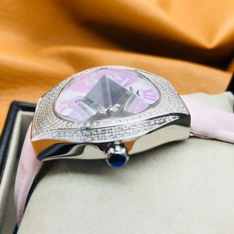 Retail: $1795 /R22,500.00 Aquaswiss Women Baby Ice with 66 Diamonds Pink Genuine Leather Band