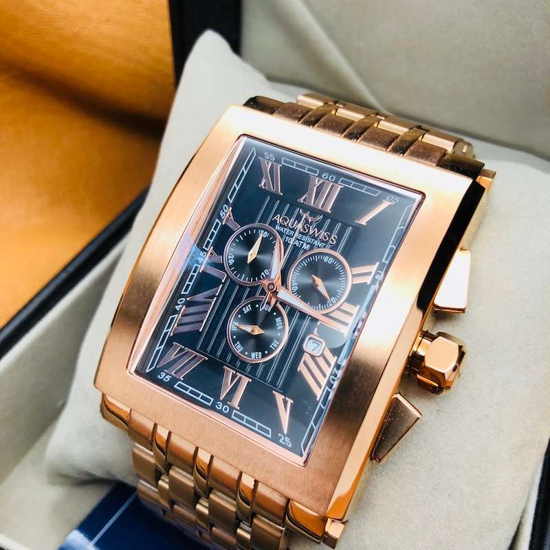 Retail: R21,600.00 Aquaswiss Mens Tanc XG 18k Rose Gold Plated THICK, HEAVY Chrono Watch
