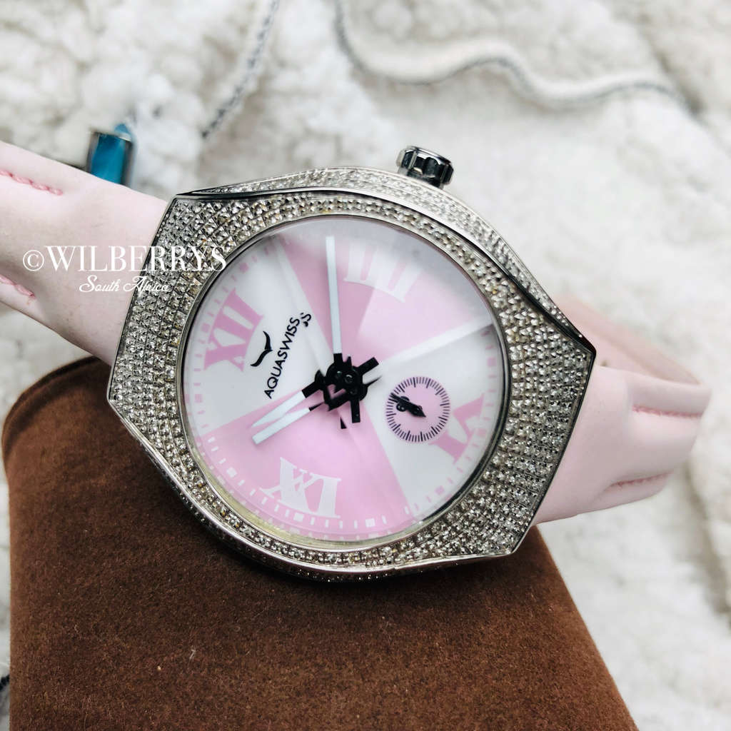 Retail: $1795 /R22,500.00 Aquaswiss Women Baby Ice with 66 Diamonds Pink Genuine Leather Band